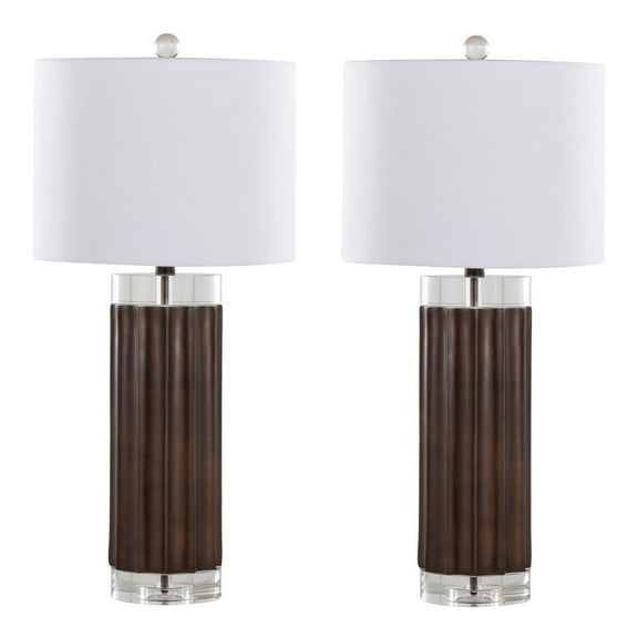 Grandview Gallery Cylinder Table Lamps - Set of 2, 29.25” Fluted Polyresin Brown with Crystal & Linen Shade