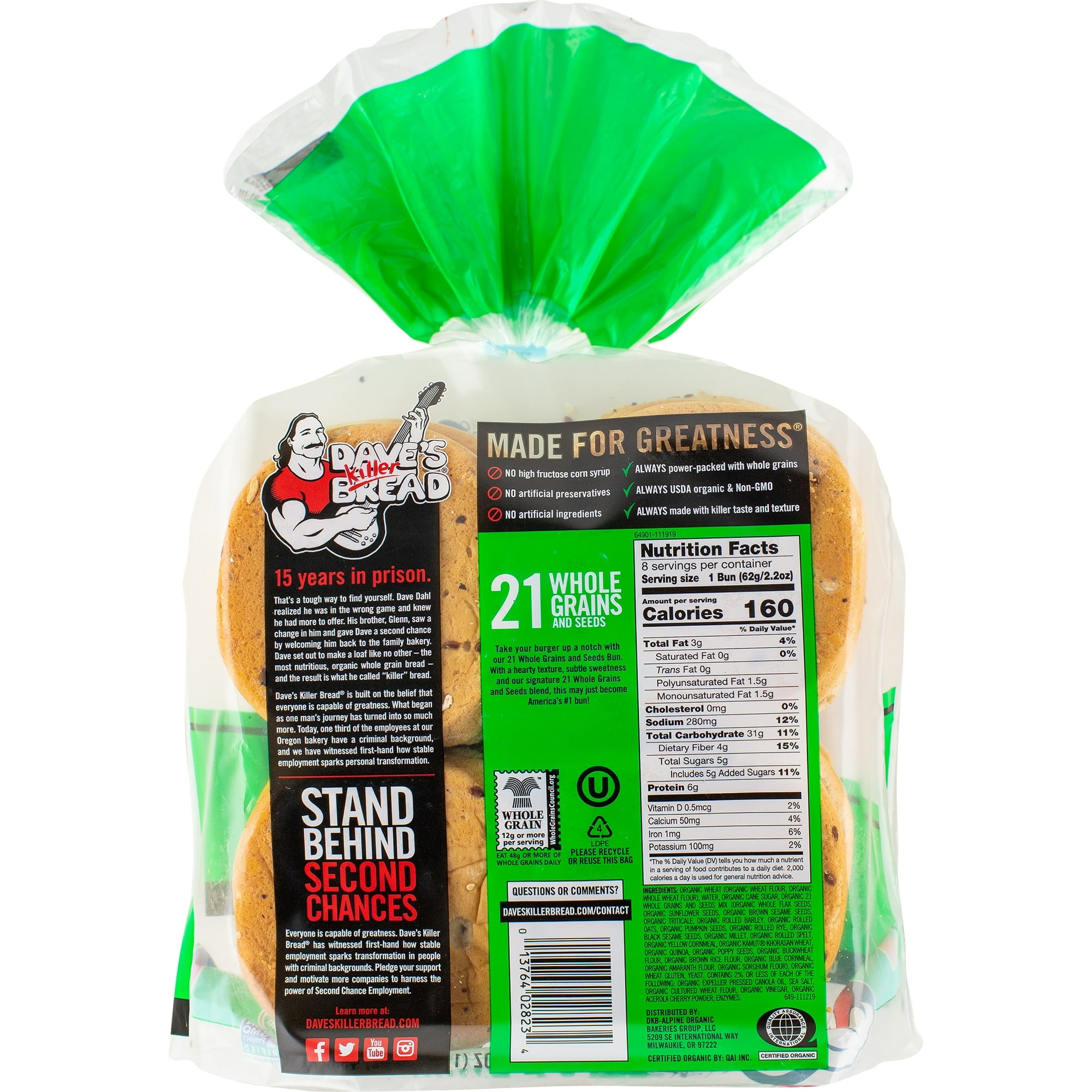 Dave's Killer Bread 21 Whole Grains & Seeds Organic Hamburger Buns Healthy Whole Grain Buns 8 Ct (Pack of 2)
