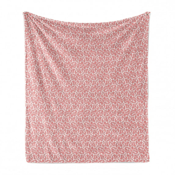 Renaissance Soft Flannel Fleece Blanket, Soft Pastel Classic Swirls with Curved Lines Rococo Royal Shabby Revival Print, Cozy Plush for Indoor and Outdoor Use, 60" x 80", Pink White, by Ambesonne
