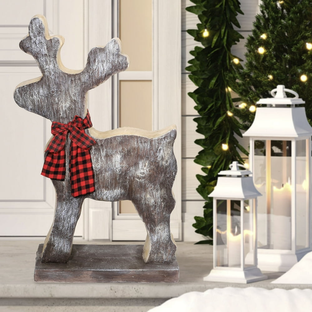 Alpine Corporation Wooden Christmas Reindeer Statue with Festive Bow