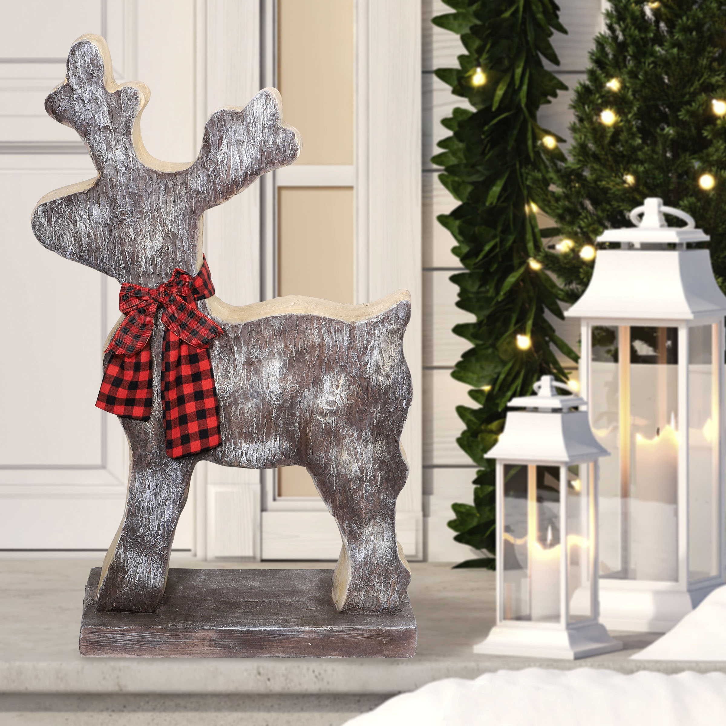 Alpine Corporation Wooden Christmas Reindeer Statue with Festive Bow 