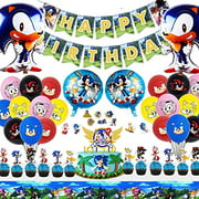 AFTWO Sonic The Hedgehog Birthday Balloons,Happy Birthday Banner Balloons Video Game Foil Balloon Party Decorations Cake Topper Table Cloth Decoration for Boys Girls Kids Baby Shower Party Supplies
