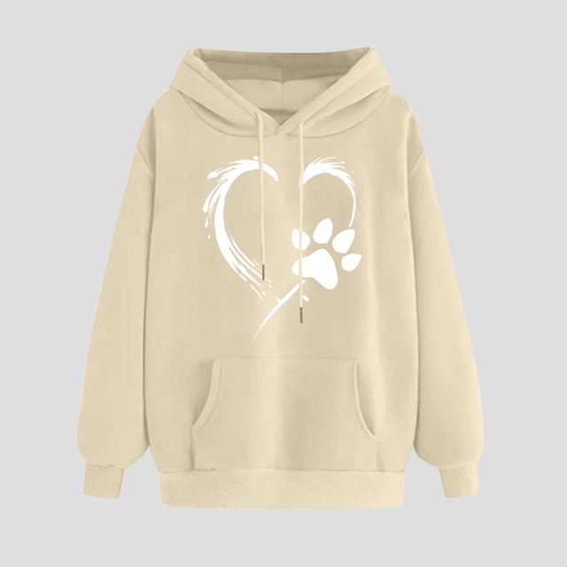 UPPADA Chandails à Capuchon à Imprimé Cœur pour Femmes Automne Hiver Chandail à Capuchon de Base Mignon Chandail Molletonné à Enfiler Hauts à Manches Longues Confortable Mode Urbaine Chandails à Capuchon pour Femmes à Enfiler Léger Beige,G