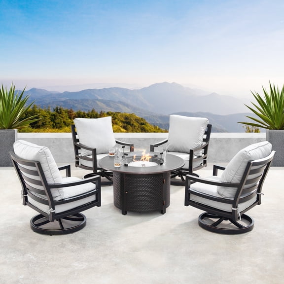 Oakland Living  44 in. Outdoor Aluminum Round Fire Table Set with Four Deep Seating Swivel Rocking Chair - 5 Piece