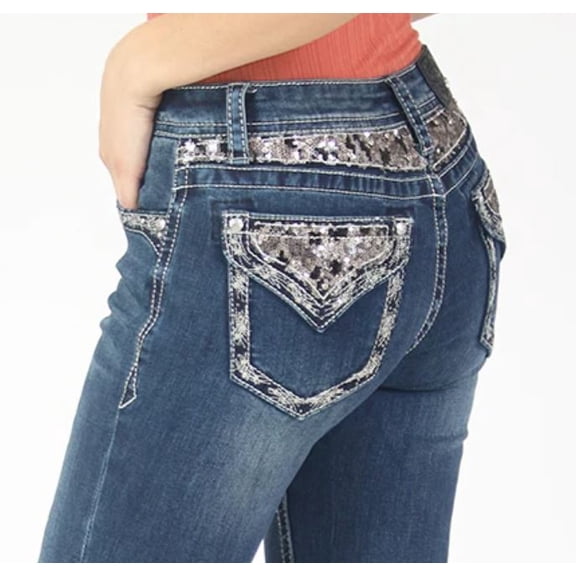 Grace in LA Women's Sequin Yoke Flap Pockets Junior Fit Boot Cut Jeans (25)
