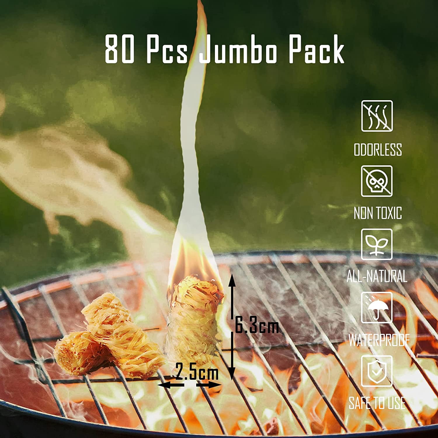 WishDirect Fire Starters for Campfires Fireplace (80 Pack) - Easy & Quick Charcoal Firestarter Fit for Kamado Joe Big Green Egg Wood Log Stick Briquette BBQ Barbeque Grill