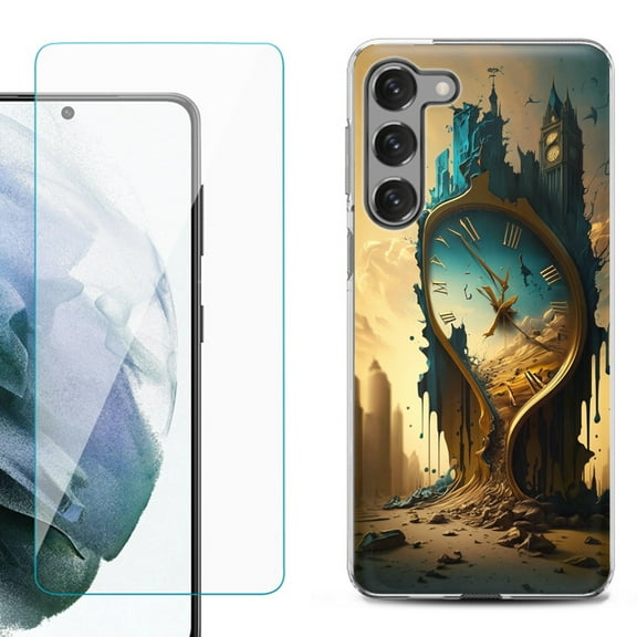 OneToughShield ® for Samsung Galaxy S23 5G Shockproof Fashion Phone Case, with Tempered Glass Screen Protector - Melting Clock