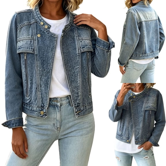 Sheghy Denim Jacket for Women Solid Stand Collar Button Long Sleeve Casual Navy M