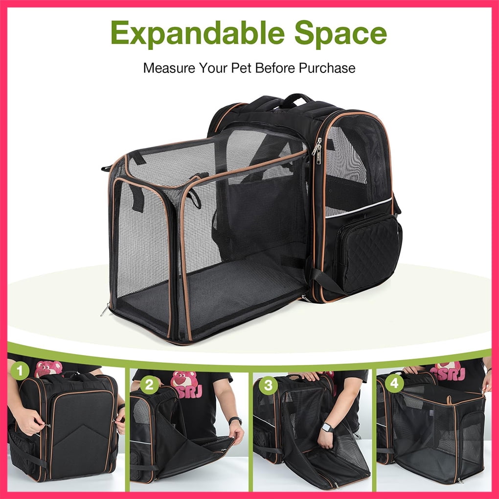 Lekesky - Expandable Cat Dog Backpack Carrier for Travel - Max Airflow, 4 Entrances, Folds Flat, Holds Pets Up to 18 Lbs, Safety Leash Included, Black