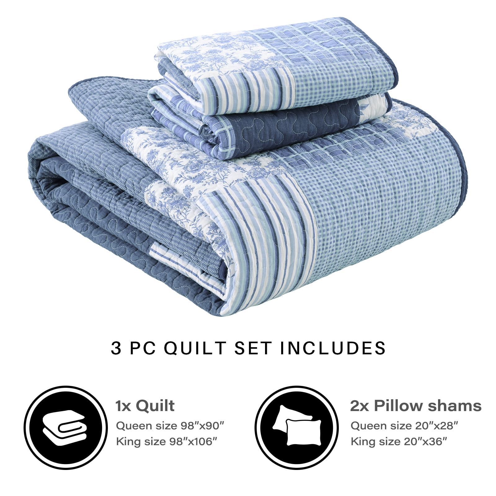 CozyDH Blue Plaid King Quilt Set, 100% Cotton Soft Lightweight 3-Piece Bedding Set, Classic Patchwork Bedspread Coverlet with 2 Shams