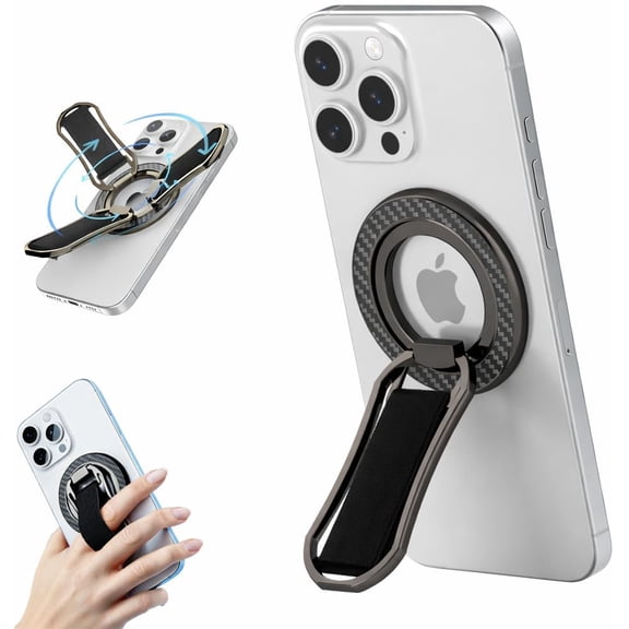 Unbranded [2025 Upgraded] Magnetic Phone Holder with 360° Rotating Stand – 4-in-1 Grip Strap Compatible with iPhone 12–16, Samsung, Pixel – Strong Magnet, Kickstand, Wireless Charging – Black