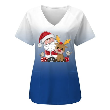 

Christmas Scrubs Shirts for Women Short Sleeve Nursing Working Uniform Tie Dye Elk Printed Comfy Breathable Scrub Tops