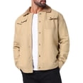 thumbnail image 4 of Abrigo de invierno INSPIRE CHIC para hombres, con cuello, botones en la parte delantera, forro de felpa, bolsillos, chaqueta de camionero, talla M, color caqui claro, 4 of 6