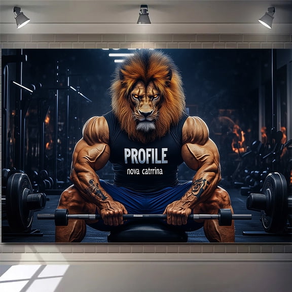 A lion-themed gym tapestry featuring vibrant colors and durable polyester material, depicting a muscular male lion lifting weightsperfect for decorating homes, studios, or outdoor workout spaces.