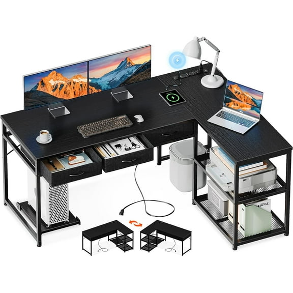 ZHIBO 53 inch L Shaped Corner Computer Desk with Drawers, Power Outlets, Reversible Shelves & CPU Stand for Home Office Gaming, Black