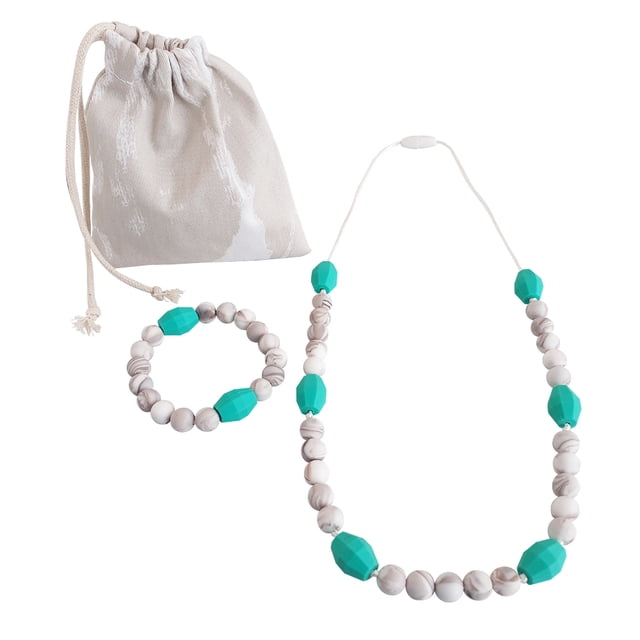 Collar y Pulsera mordedera sensorial Mola, Blanco, Cuentas de silicón Grado alimenticio