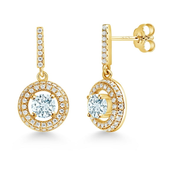 Gem Stone King 18K Yellow Gold Plated Silver Dangle Earrings Aquamarine Moissanite (1.51 Cttw)