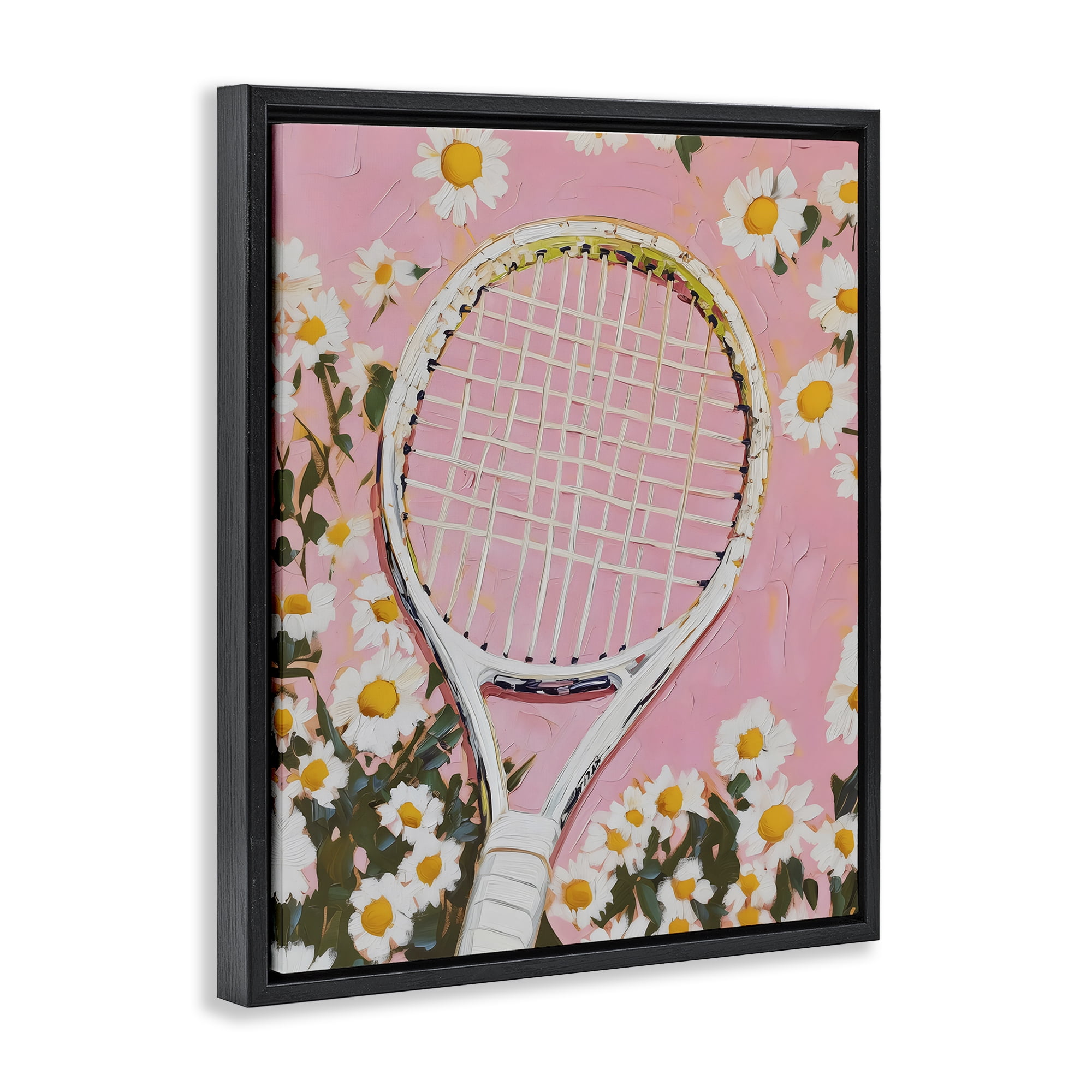 Stupell Industries Pink Tennis Racket & Daisies Black Framed Floater Canvas Wall Art, design by LSR Design Studio