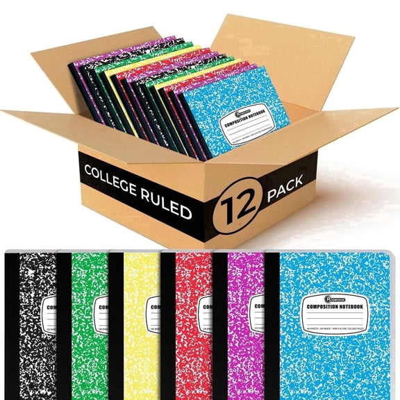 Rosmonde Composition Notebooks 12 Pack, College Ruled, 200 Pages (100 Sheets), 9.75 x 7.5 in, Hard Cover, Assorted Colors May Repeat, Bulk Notebooks for School & Office Use