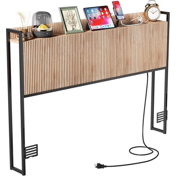 CeXuanTerKing Size Headboard Only with Outlets, Wall Mount Wood Fluted Headboard with Storage, Height Adjustable, Storage Rack, Sturdy and Stable, Easy Assembly(Oak, King)