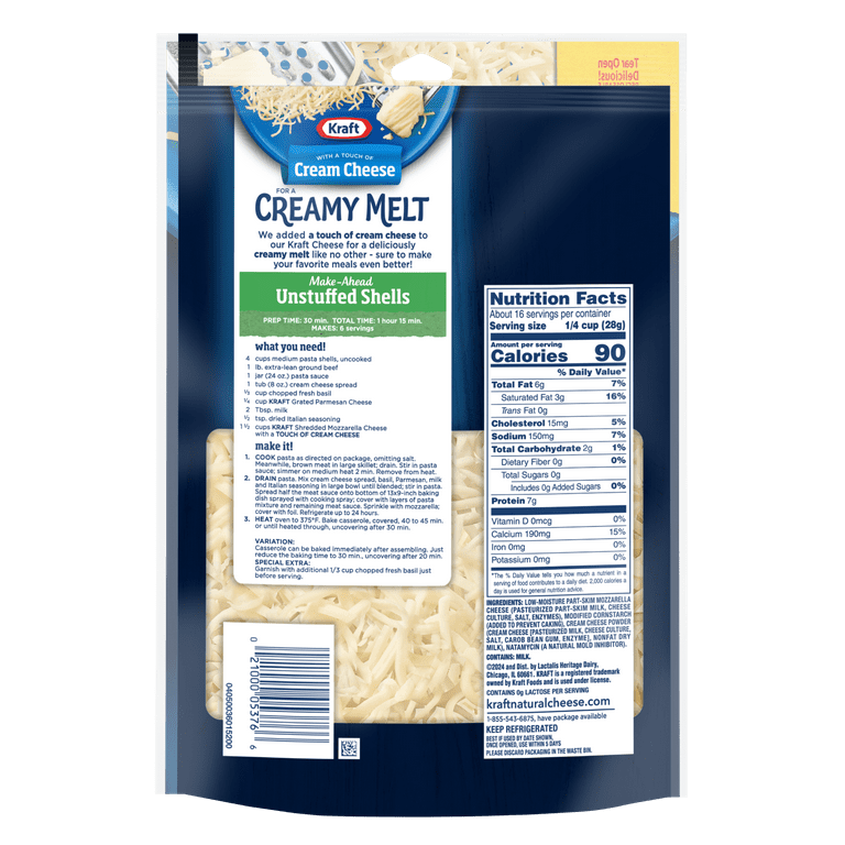 Kraft Mozzarella Shredded Cheese with a Touch of Philadelphia for a Creamy Melt, 16 oz Bag