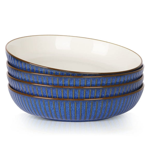 JDZTC Pasta Bowls set of 4 Italian Mikasa Ceramic Blue Bowl White Plate Fable 8 inch Porcelain serving 28 oz bowl Salad 8 Set of 4