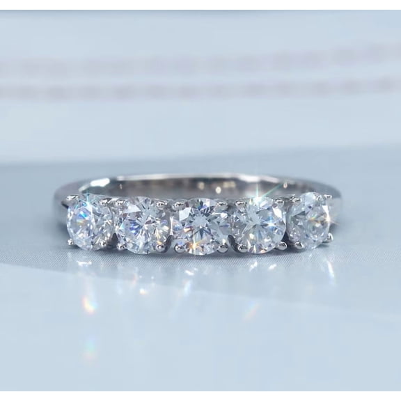 Five Stone 2Ct Round Cut Lab Created Diamond Half Eternity Wedding Band Ring 14K White Gold Finish 925 Silver
