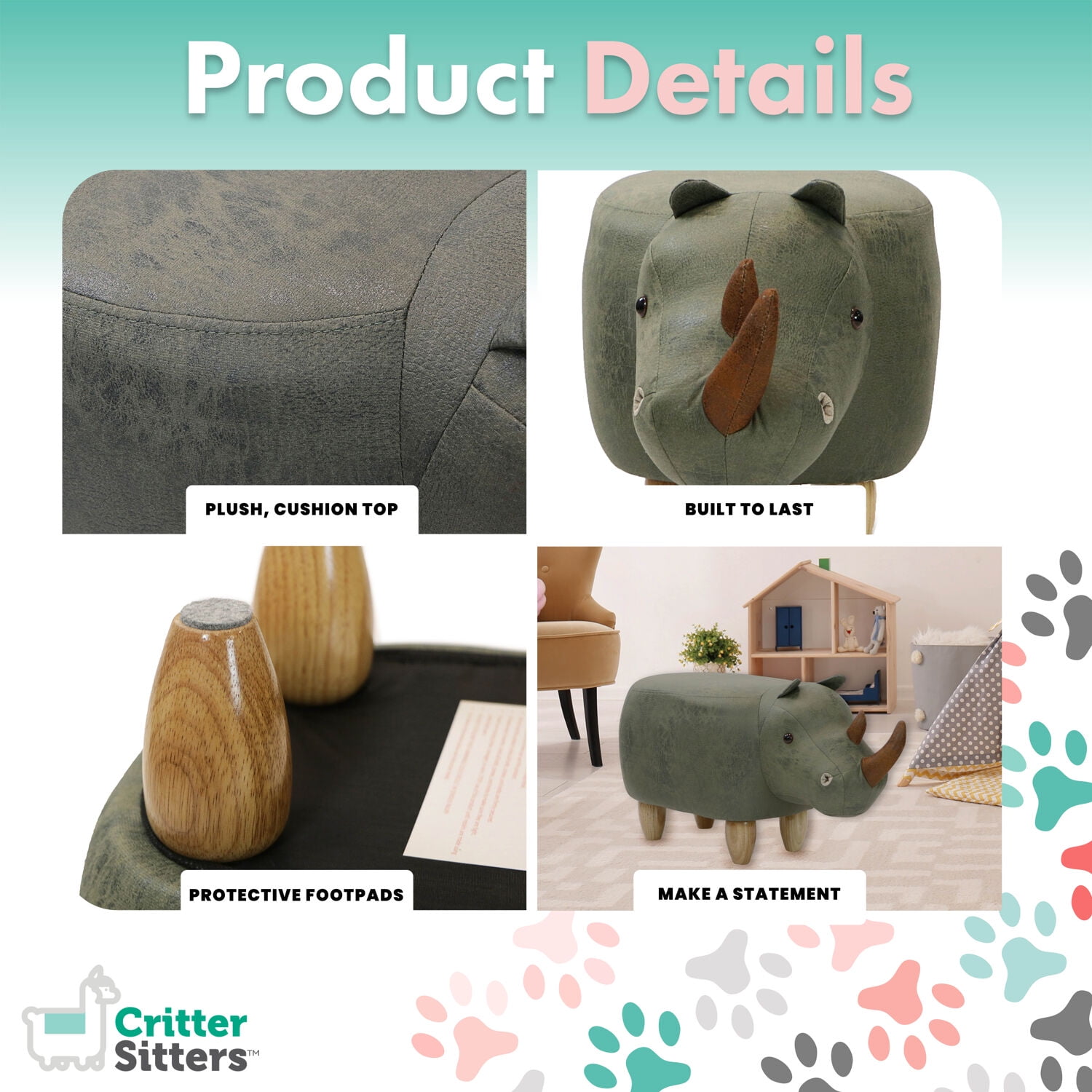 Critter Sitters 14-In. Seat Height Green Rhino Animal Shape Fabric Ottoman