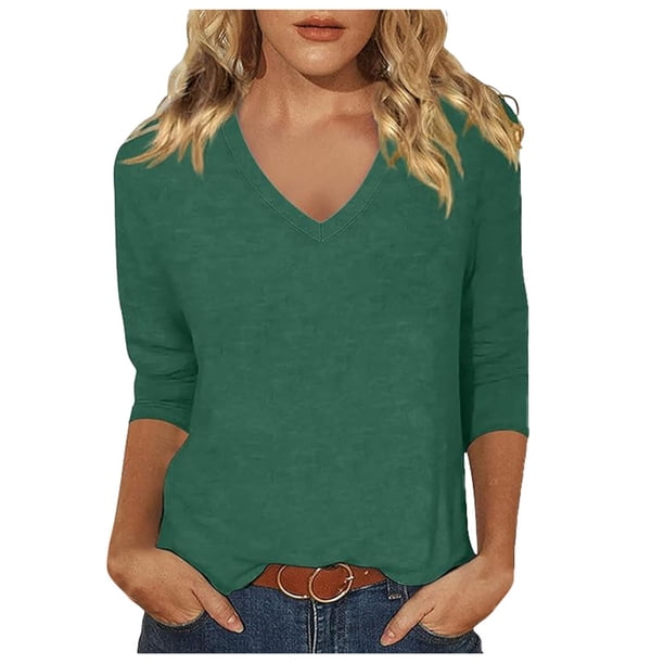 Top de manga tres cuartos con cuello en V para mujer, estilo casual y moderno, para el verano - Material de poliéster, ligero y transpirable - Para el día a día, actividades al aire libre y fiestas