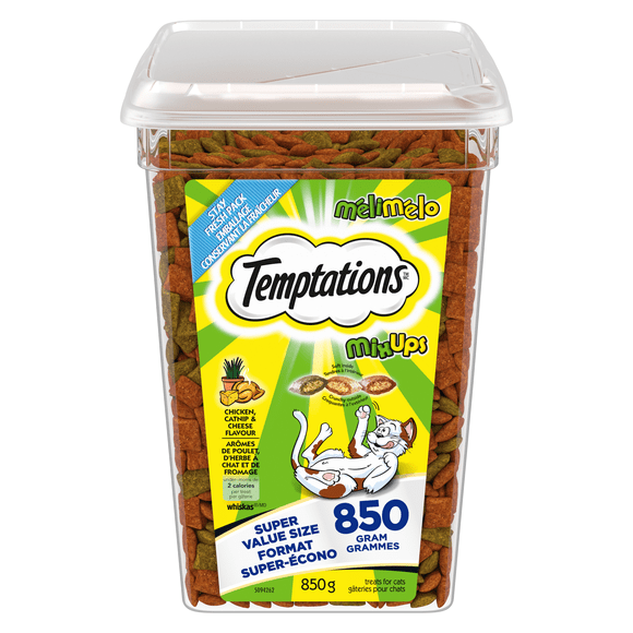 Gâteries pour chats TEMPTATIONS Mélimélo arômes de poulet, d’herbe à chat et de fromage, contenant de 850 g