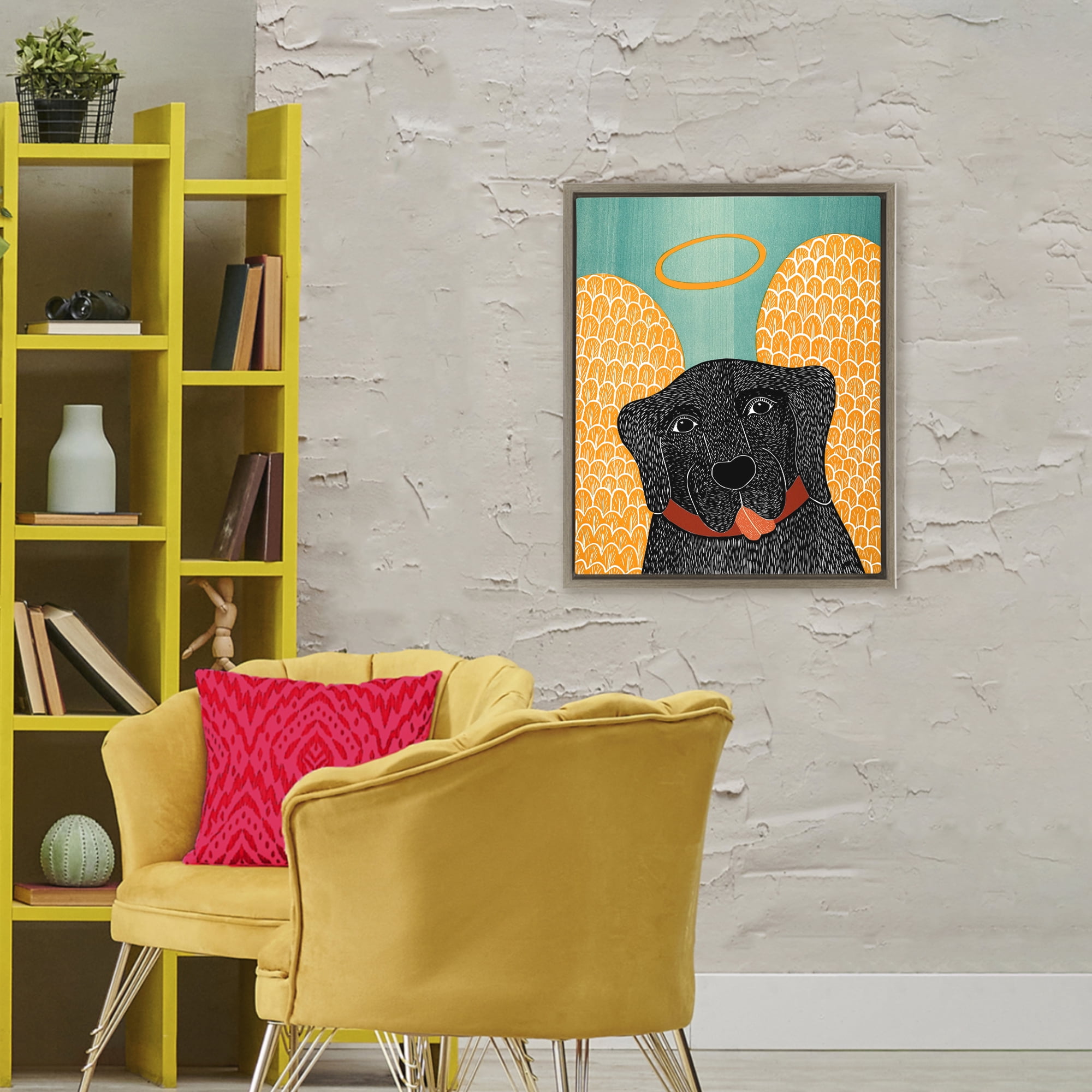 Dog Angel with Yellow Wings Brown Framed Floater Canvas Wall Art, design by Stephen Huneck