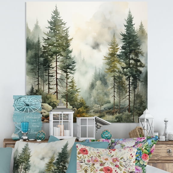 Designart "Misty Morning Pine Tree Charm II" Landscapes Metal Art Living Room