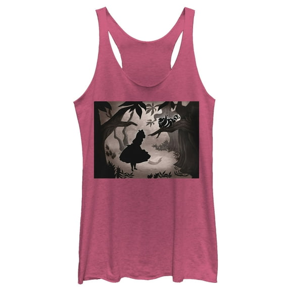 Women's Alice in Wonderland Cheshire Cat and Alice Silhouettes Racerback Tank Top Pink Heather Large