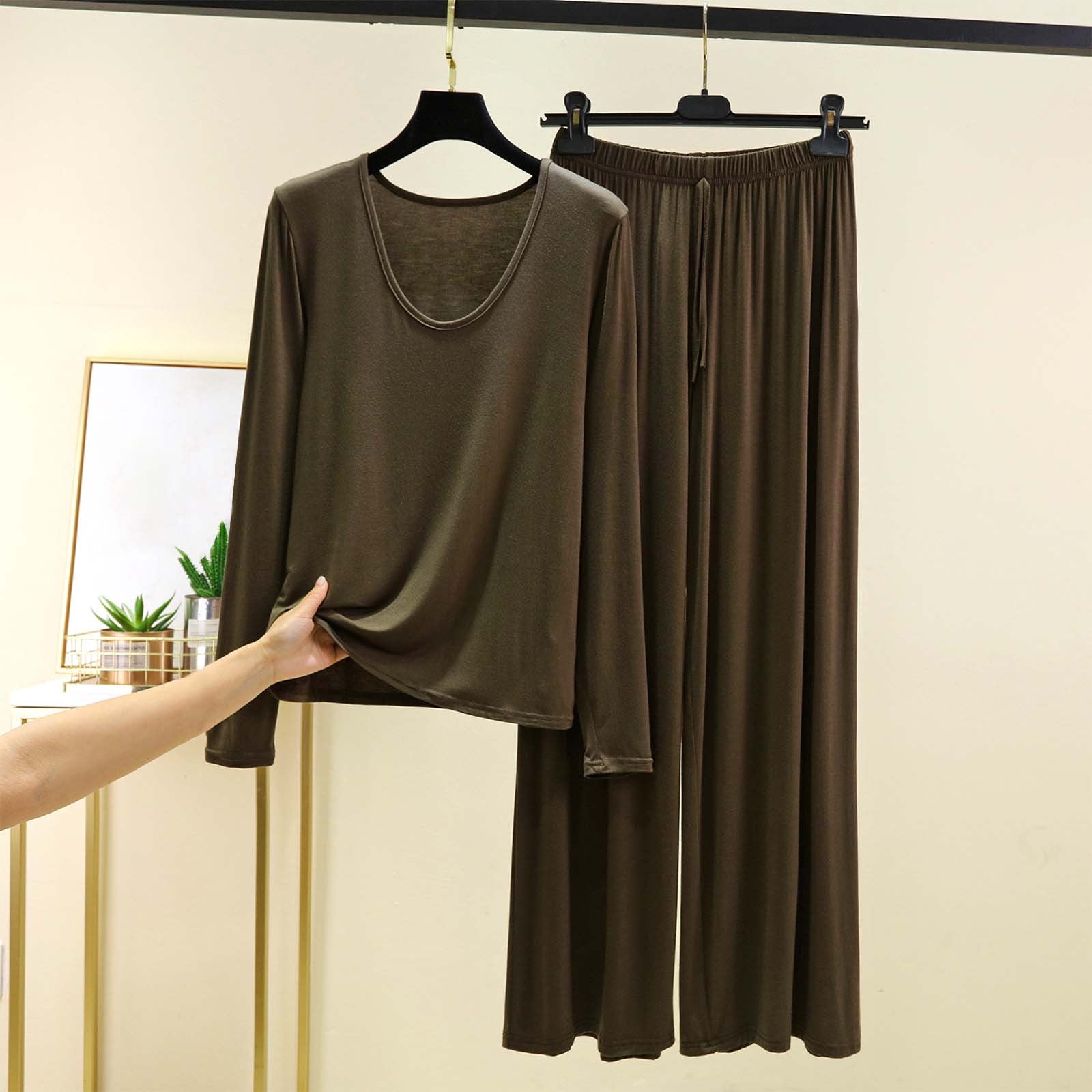 Womens Petite Lounge Sets 2 Piece Outfits Fall Two Piece Sets for Women Shorts Vacation Women's Loose Solid Color T-shirt Wide Leg Pants Home Wear Two-piece Long Sleeve U-Neck Shirts Sets
