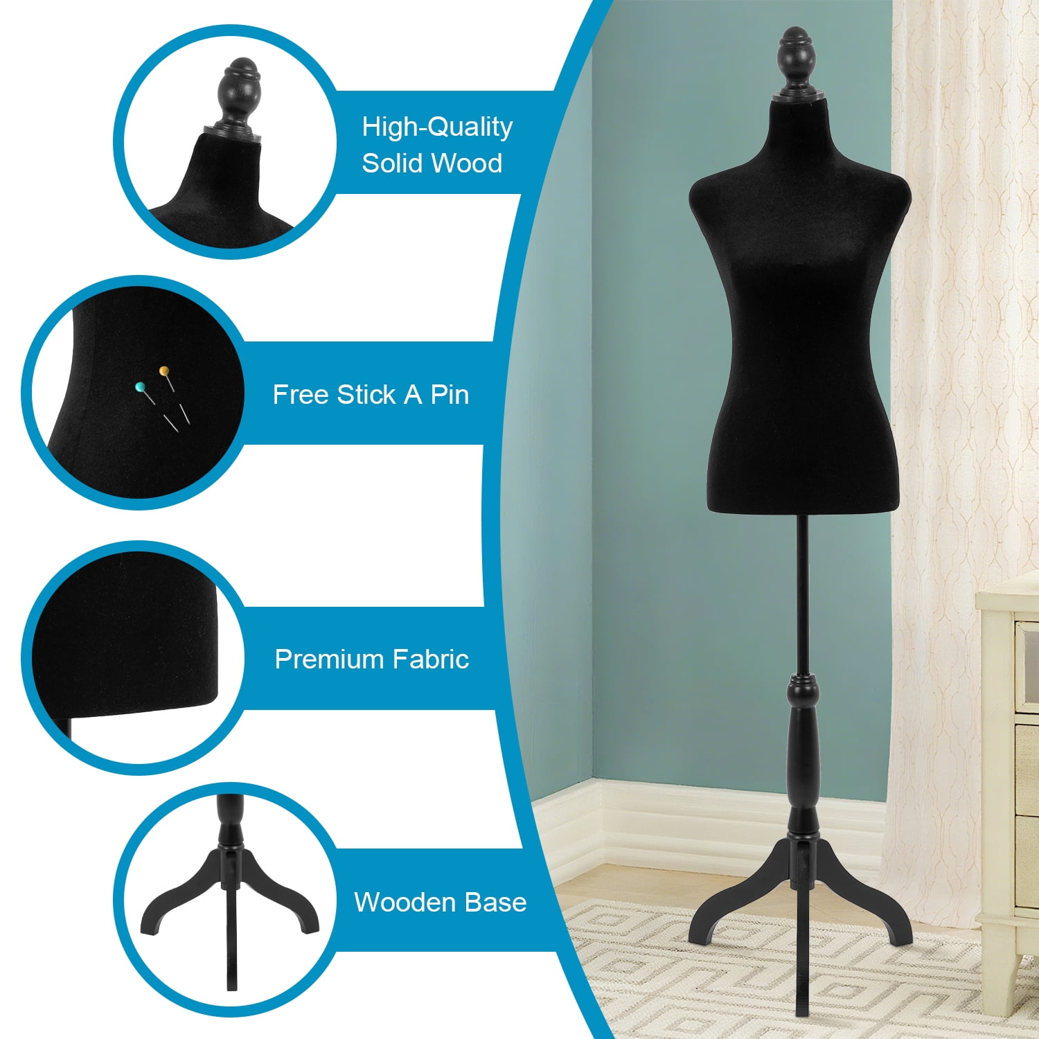 49"-63" Height Dress Form Mannequin Adjustable Female Mannequin Torso Sewing Mannequin Female Dress Model Torso Body Tripod Stand Clothing Forms, Black