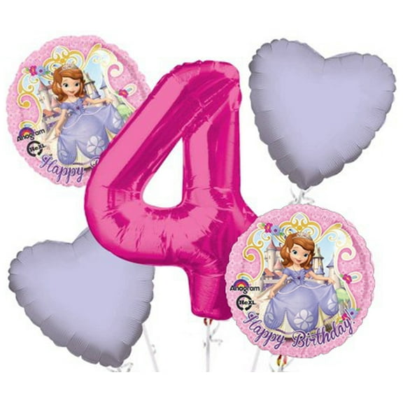 Sofia The First Balloon Bouquet 5 pc, 4th Birthday, Hot Pink Number 4 Jumbo Balloon