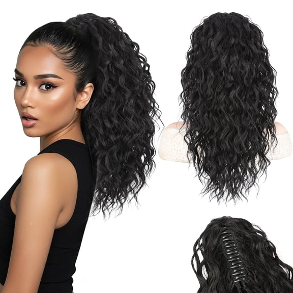 Brown Ponytail Extension 18" Curly Wavy Pony Tail Claw Multi Layered Clip on Ponytail Extension Fluffy Natural Looking Synthetic Hair Piece for Women