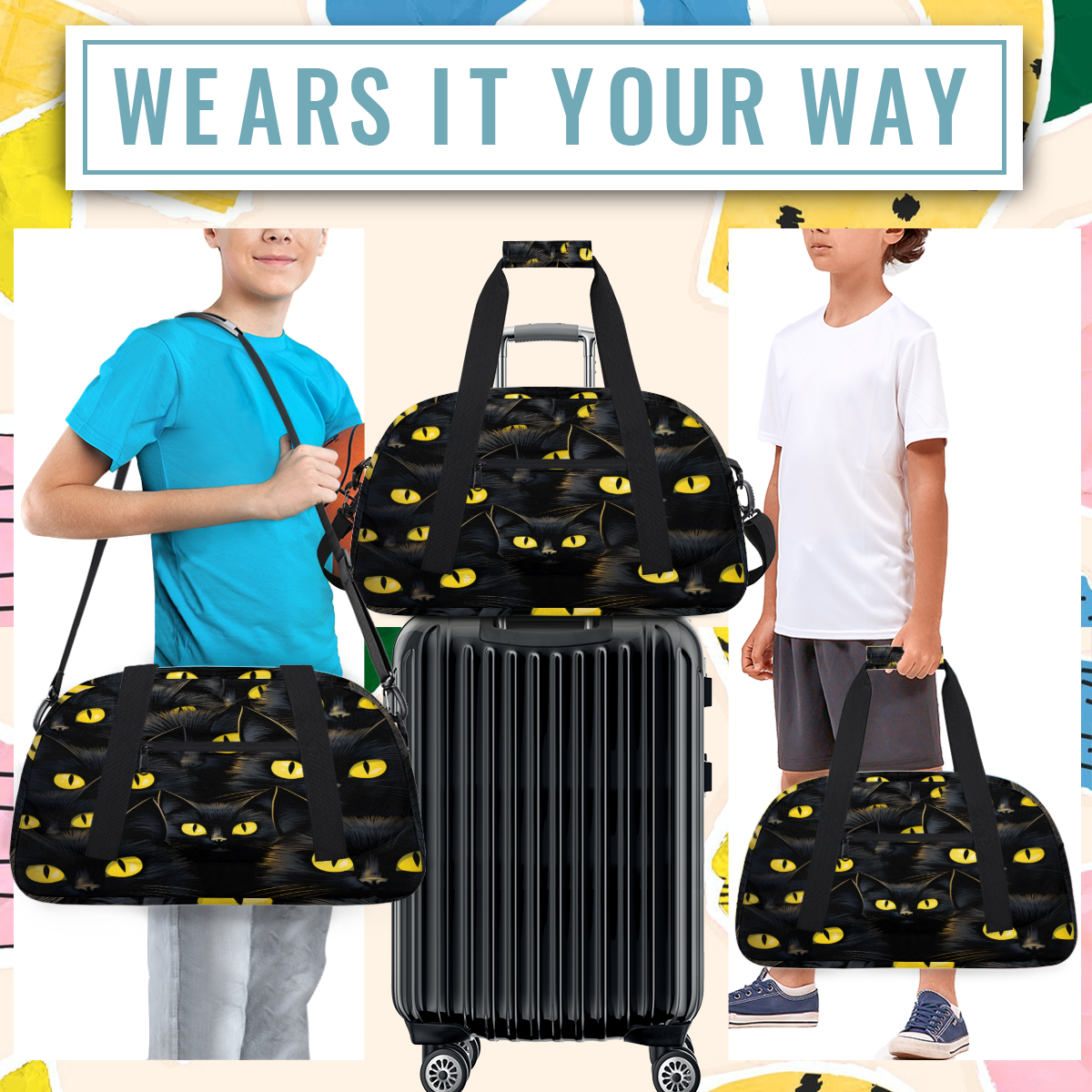 Herdesigns Funny Sports Duffle Bag for Women & Men, Black Cat Gym Bag Dance Bag Overnight Bag Carry On Weekender Travel Bag