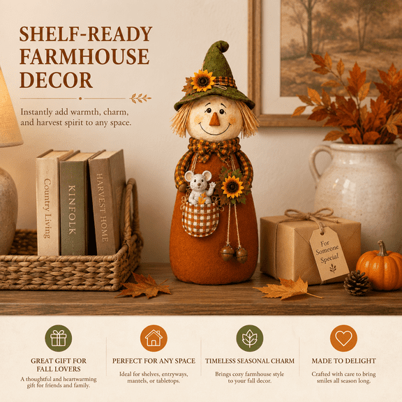 Fall Scarecrow Tabletop Decoration, Rustic Harvest Figurine for Mantel, Entryway Table, Sideboard, Console, Shelf, Thanksgiving Display, Farmhouse Home Decor, and Autumn Party Accent, B