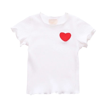 OOOUM Girls Short Sleeve T-Shirt Ribbed Knit Cotton Crewneck Summer Tops Children Soft Casual Outfits White 5-6 Years