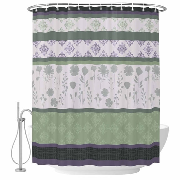Green Stripes Abstract Shower Curtain, Waterproof Shower Curtains for Bathroom, Geometric Spring Flowers Rustic Washable Fabric Bathtub Curtain Set Bath Decor with 12 Hooks Stall 36"x72"