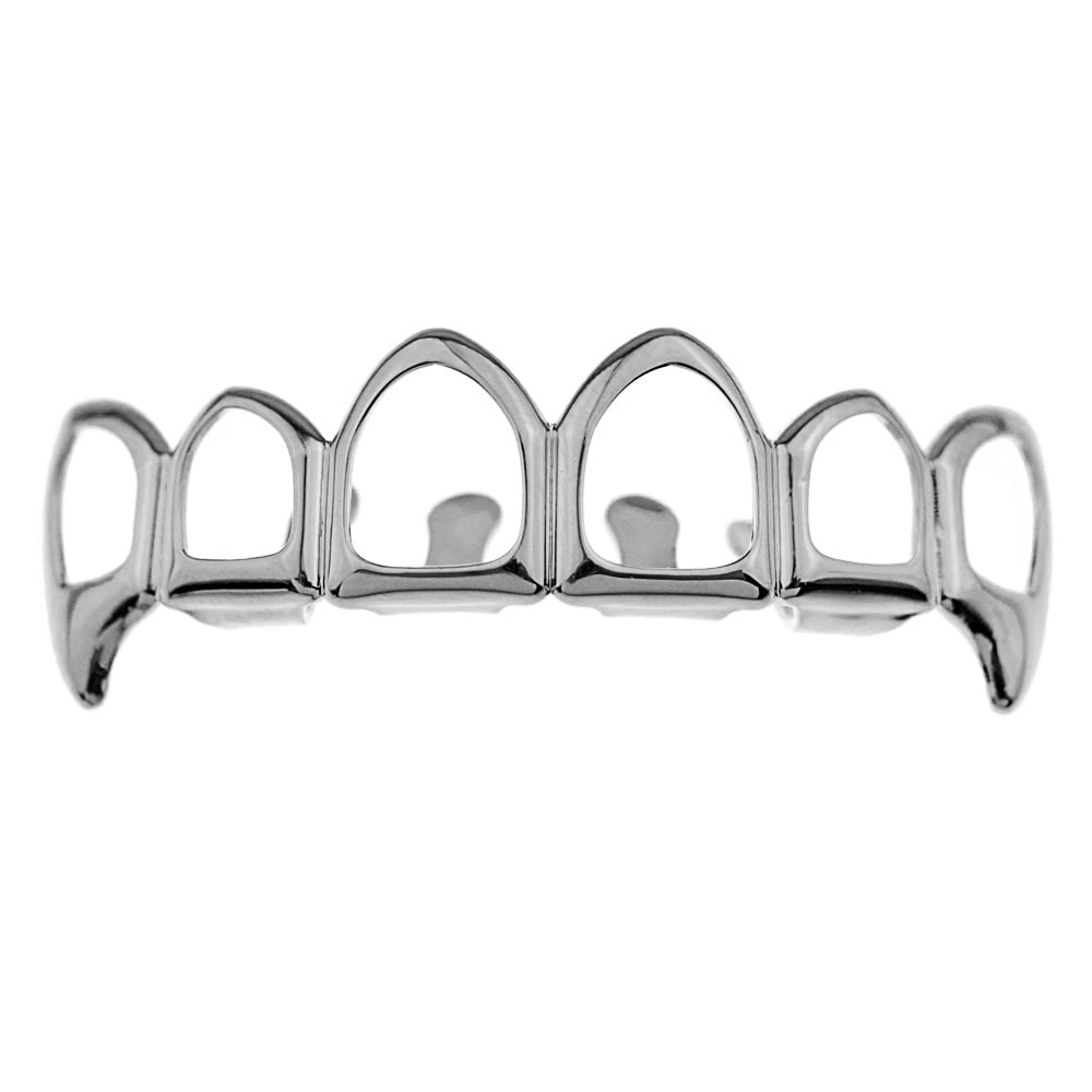Fang Grillz Six 6 Tooth Open Face Hollow Top Upper Teeth Silver Tone