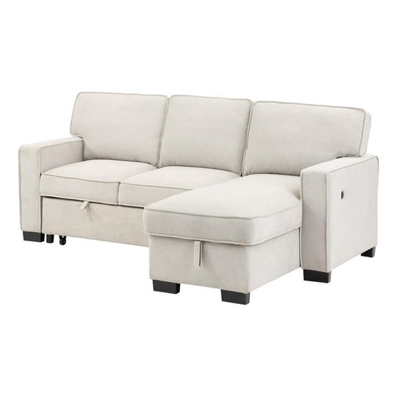 Benjara Joanne 87" Sleeper Sectional Sofa with Storage Chaise- Beige Fabric