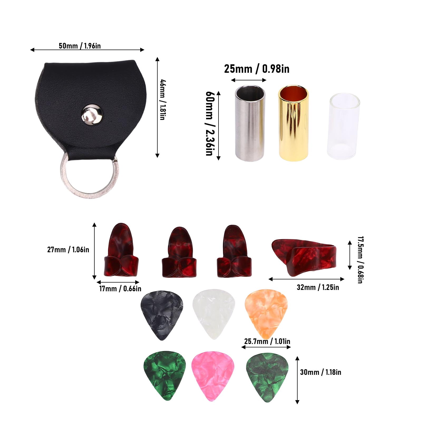 YAHHU 15-Piece Guitar Slide Pick Set 60mm / 2.36 inches Glass Brass Stainless Steel Slides with Finger Picks Holder Storage Bag for Acoustic Electric Bass