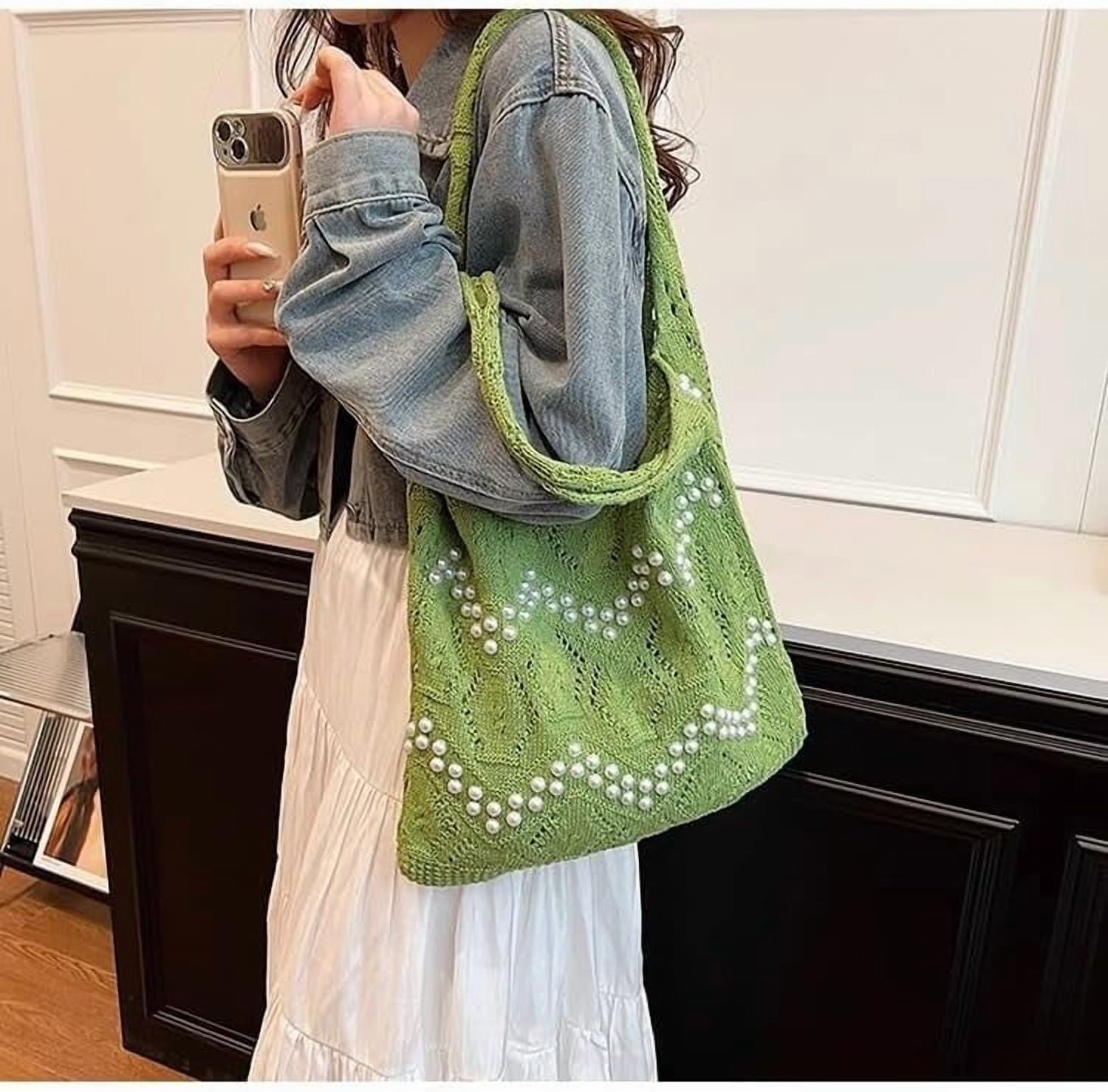 CAILDANL Boho Crochet Beach Tote Shoulder Bag with Colored Beads | Colorful Aesthetic Hippie Knit Bag for Women