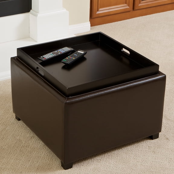GDF Studio Brunello Bonded Leather Tray Top Storage Ottoman, Chocolate Brown and Dark Brown