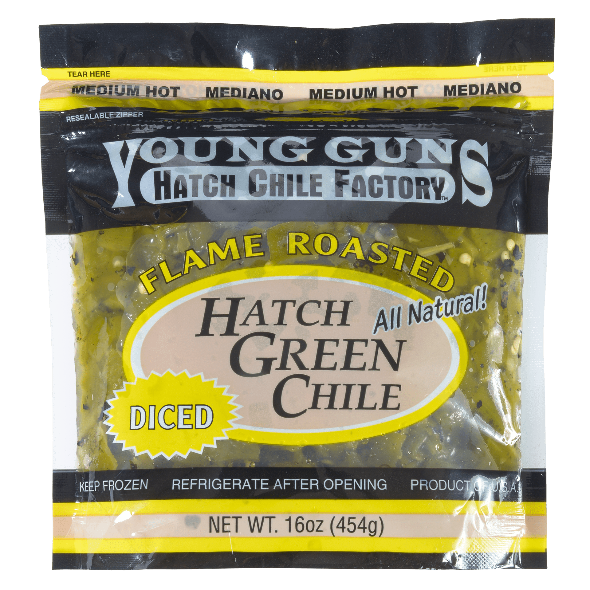 Young Guns Flame Roasted Hatch Green Chile Diced Frozen Medium 8 1lb