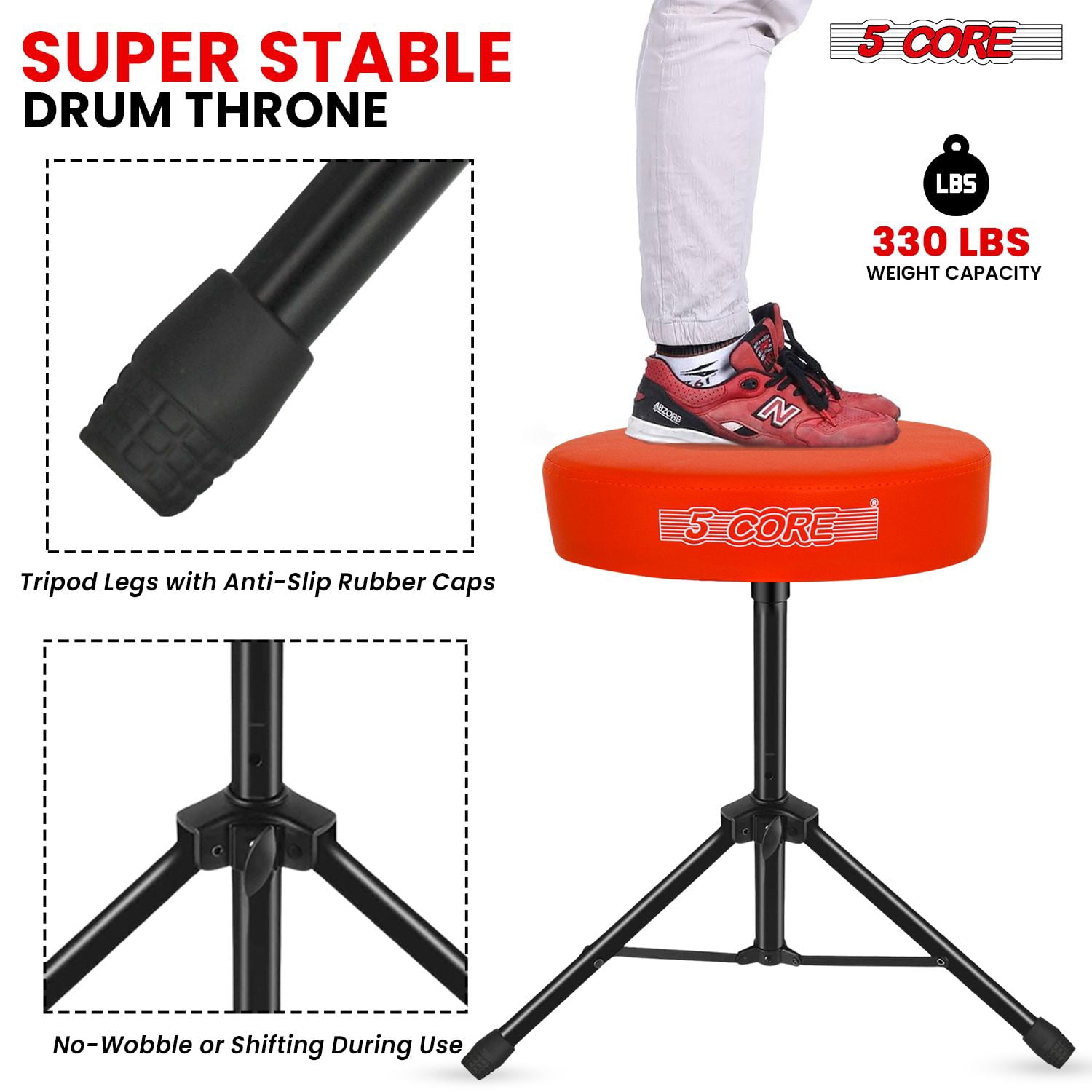 5 CORE Drum Throne 3 Inch Padded Comfortable Guitar Stool 330Lb Capacity Adjustable to 22" Drummer Seat for Adults and Kids Orange - DS 01 ORG
