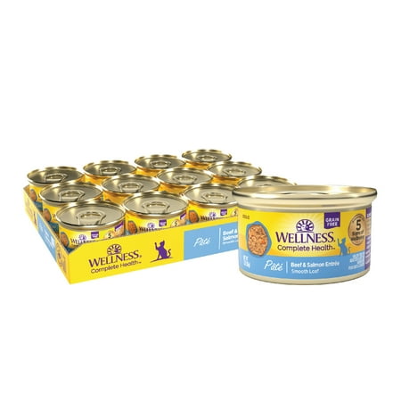 Wellness Complete Health Natural Grain Free Wet Canned Cat Food, Beef & Salmon Pate, 3-Ounce Can (Pack of 24)