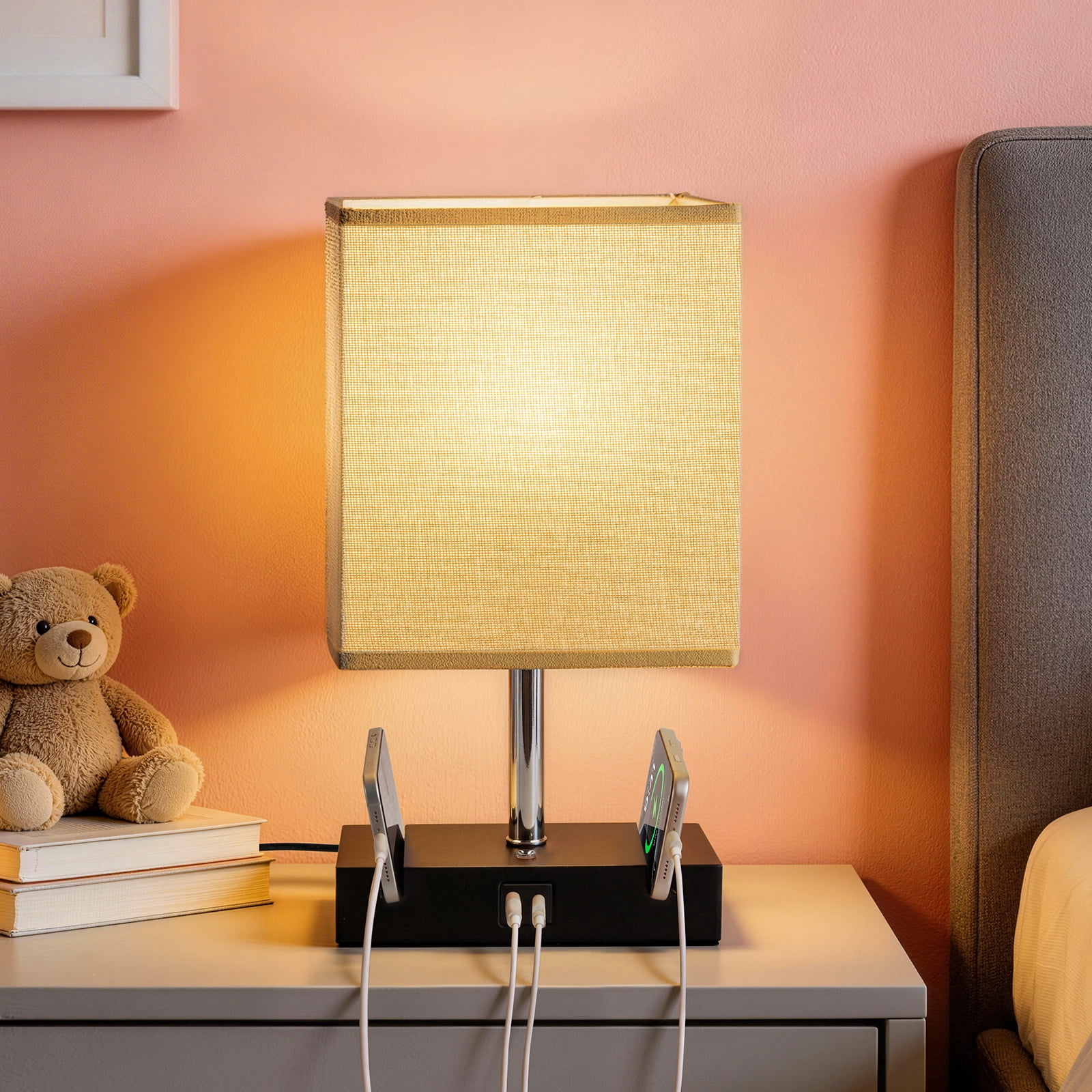Table Lamp for Bedroom, 15.4" Two Fast USB Charging Ports Touch Desk Lamp for Living Room Dorm Home Office